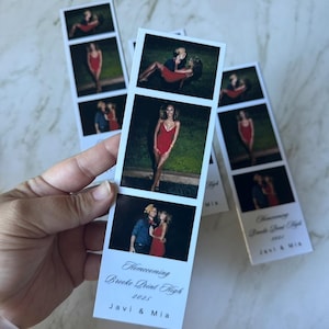 May include: Photo booth strips featuring images of a couple in a red dress and a blue shirt. The strips are labeled "Homecoming Brooke Point High 2025 Javi & Mia."