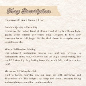 May include: A white ceramic mug product description card with the header Mug Description. It lists dimensions of 80 mm x 95 mm and 11 oz. The text details premium quality, durability, vibrant sublimation printing, and microwave and dishwasher safety.