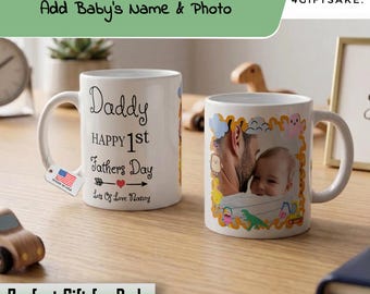 Personalized Doodle Photo Frame Mug, Custom Dad Coffee Cup, First Father's Day Gift