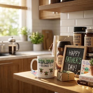 May include: A white ceramic mug featuring the text THE DADALORIAN BELONGS TO and three green alien character illustrations with the names Mike, Emily, and Jack printed below them. A small white tag with a United States flag is attached to the handle.