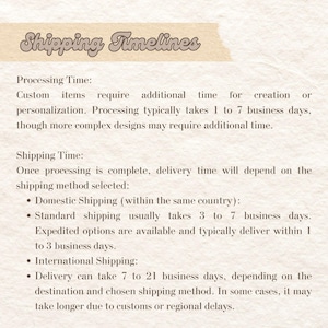 May include: A beige informational graphic with dark brown text titled Shipping Timelines. It outlines processing times of 1 to 7 business days, domestic shipping taking 3 to 7 business days, expedited shipping in 1 to 3 days, and international delivery in 7 to 21 days.