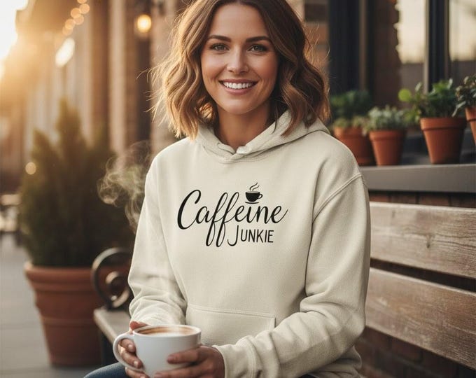 Featured listing image: Coffee Lover Hoodie – Caffeine Obsessed Pullover Sweatshirt – Coffee Gift for Men and Women – Cozy Graphic Hoodie