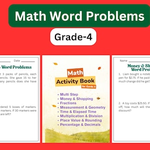 May include: A red background with the text "Math Word Problems" and "Grade-4". The image includes a math activity book and word problems for Grade 4 students. The book covers topics like multi-step problems, money, fractions, and geometry.