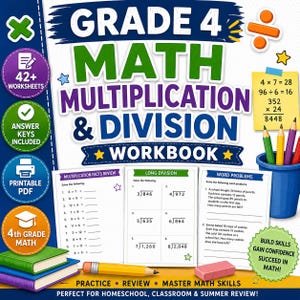 May include: A Grade 4 Math Multiplication & Division workbook cover featuring educational text, math symbols, and sample worksheets. The design includes colorful circular icons, a blue pencil holder with colored pencils, and stacked books.
