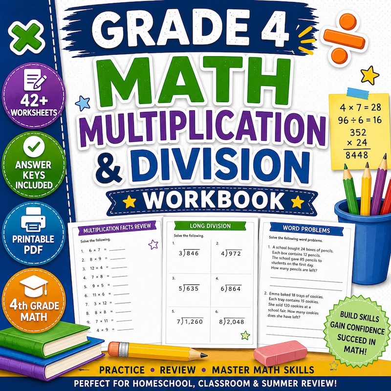 Worksheets Math Grade 4 - Etsy