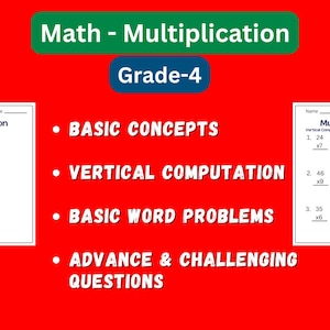 Puede incluir: Una hoja de trabajo para estudiantes de cuarto grado para practicar la multiplicación. La hoja de trabajo incluye problemas de cálculo simples, problemas de cálculo vertical y problemas de palabras básicos. La hoja de trabajo se titula "Multiplicación".