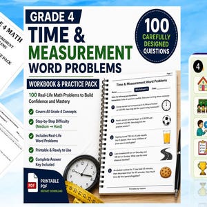 Może przedstawiać: Zeszyt ćwiczeń z matematyki dla klasy 4 zatytułowany Time & Measurement Word Problems zawierający 100 zadań. Zestaw zawiera strony PDF do druku, arkusz z zadaniami z pomiarów, żółtą taśmę mierniczą oraz listę zastosowań edukacyjnych.