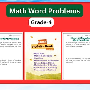Könnte beinhalten: Ein rotes und blaues Arbeitsblatt mit dem Titel "Math Word Problems" für Schüler der 4. Klasse. Das Arbeitsblatt enthält mehrstufige Textaufgaben, Geld- und Einkaufswortaufgaben und ein Mathe-Aktivitätsbuch mit verschiedenen Themen.