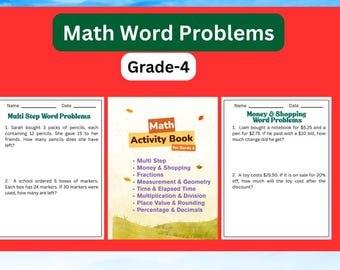 4th Grade Math Word Problems: Printable Worksheets (PDF & PNG) | Bundle Worksheets | Test Prep