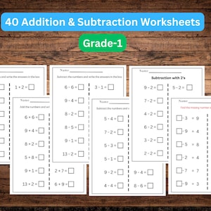 Può includere: Fogli di lavoro per studenti di prima elementare, con esercizi di addizione e sottrazione. I fogli bianchi presentano equazioni come 1+3= e 6-6=. Il titolo "40 Fogli di lavoro di addizione e sottrazione" è presente.