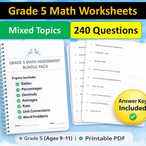 Puede incluir: Un cuaderno con espiral y hojas sueltas con problemas de matemáticas. La portada dice "Grade 5 Math Assessment Bundle Pack" con temas como razones y porcentajes. Las hojas de trabajo incluyen 240 preguntas y una clave de respuestas.