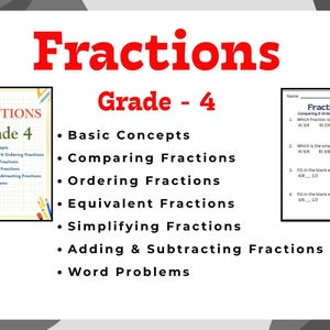 Puede incluir: Material educativo sobre fracciones para el grado 4. La imagen presenta un título rojo, una lista de temas y una hoja de trabajo con preguntas de comparación de fracciones. Los temas incluyen conceptos básicos, comparación, ordenación y simplificación de fracciones.