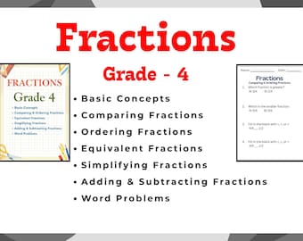 4th Grade Math Fractions Assessment Worksbook : Comparing, Adding, Simplifying | Worksheets Bundle Pack | Test Prep | Back to School
