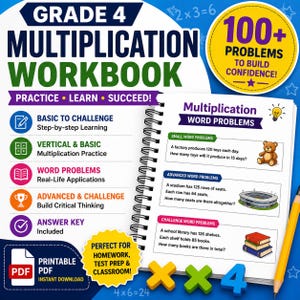 May include: A spiral-bound Grade 4 Multiplication Workbook with the text "Practice, Learn, Succeed!" and "100+ Problems to Build Confidence!" The workbook includes word problems, step-by-step learning, and an answer key. A yellow pencil is on the right.