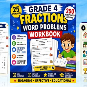 May include: A Grade 4 Fractions Word Problems Workbook with 25 worksheets and 250 maths practice questions. The workbook includes an answer key and is designed for homeschooling, classroom activities, and test prep.