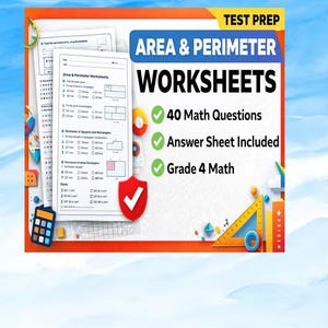 Op de afbeelding: Educatieve werkbladen voor wiskunde van groep 4, gericht op oppervlakte en omtrek. De afbeelding toont meerdere werkbladen met geometrische vormen en problemen. De werkbladen bevatten 40 wiskundevragen en een antwoordblad. De titel "AREA & PERIMETER WORKSHEETS" wordt weergegeven.
