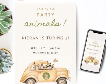 Party Animal Birthday Invitation_P008 – Animal Car Party Invite – Canva Editable Animals with Party Hats – Instant Download – 2nd Birthday