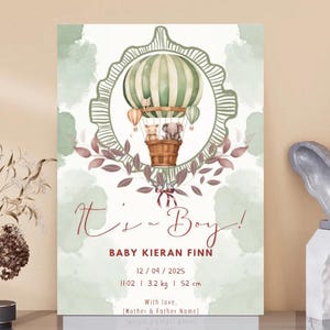 Annonce de naissance en montgolfière verte B002 • Modèle Canva modifiable • Carte de statistiques de naissance • Souvenir numérique de nouveau-né imprimable
