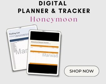 May include: Digital planner and tracker for a honeymoon, with a packing list and honeymoon itinerary overview. The planner is on a tablet screen with a pink background and the text "Marwa&CO. DIGITAL PLANNER & TRACKER Honeymoon" at the top.