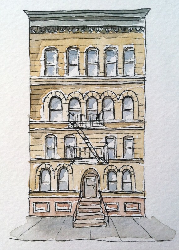 Brooklyn Historic Brownstone Pen And Ink Drawing Watercolor Etsy
