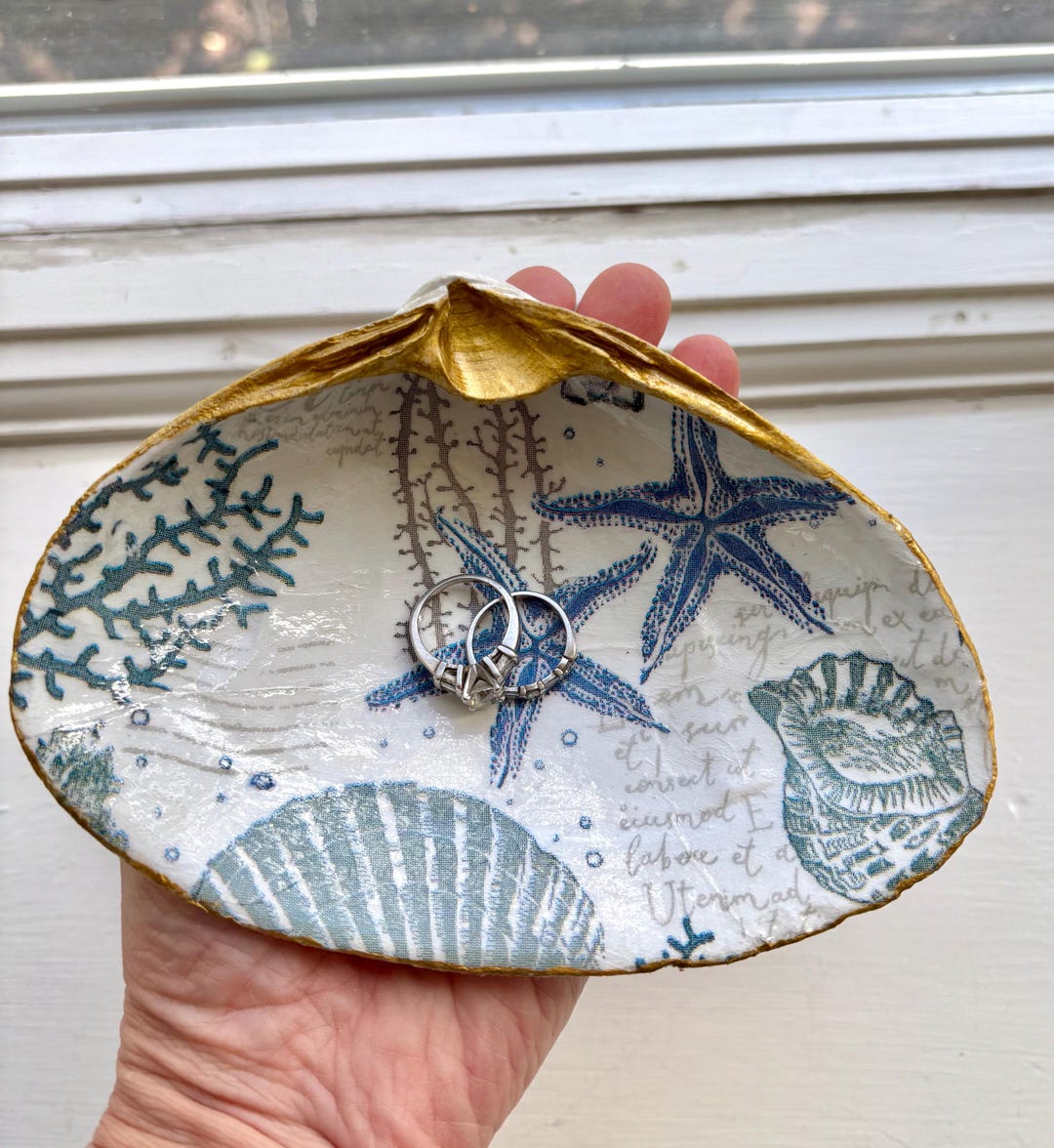 Large Decoupage Clam Shell Ring Dish: Blue White Coastal Decor, Gold ...