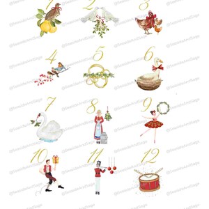 以下が含まれることがあります： 水彩画の「クリスマスの12日」のイラスト。 各日には、鳥、鳩、鶏、指輪、白鳥、ドラマーなど、さまざまな画像が表示されます。 数字の1〜12は金色です。