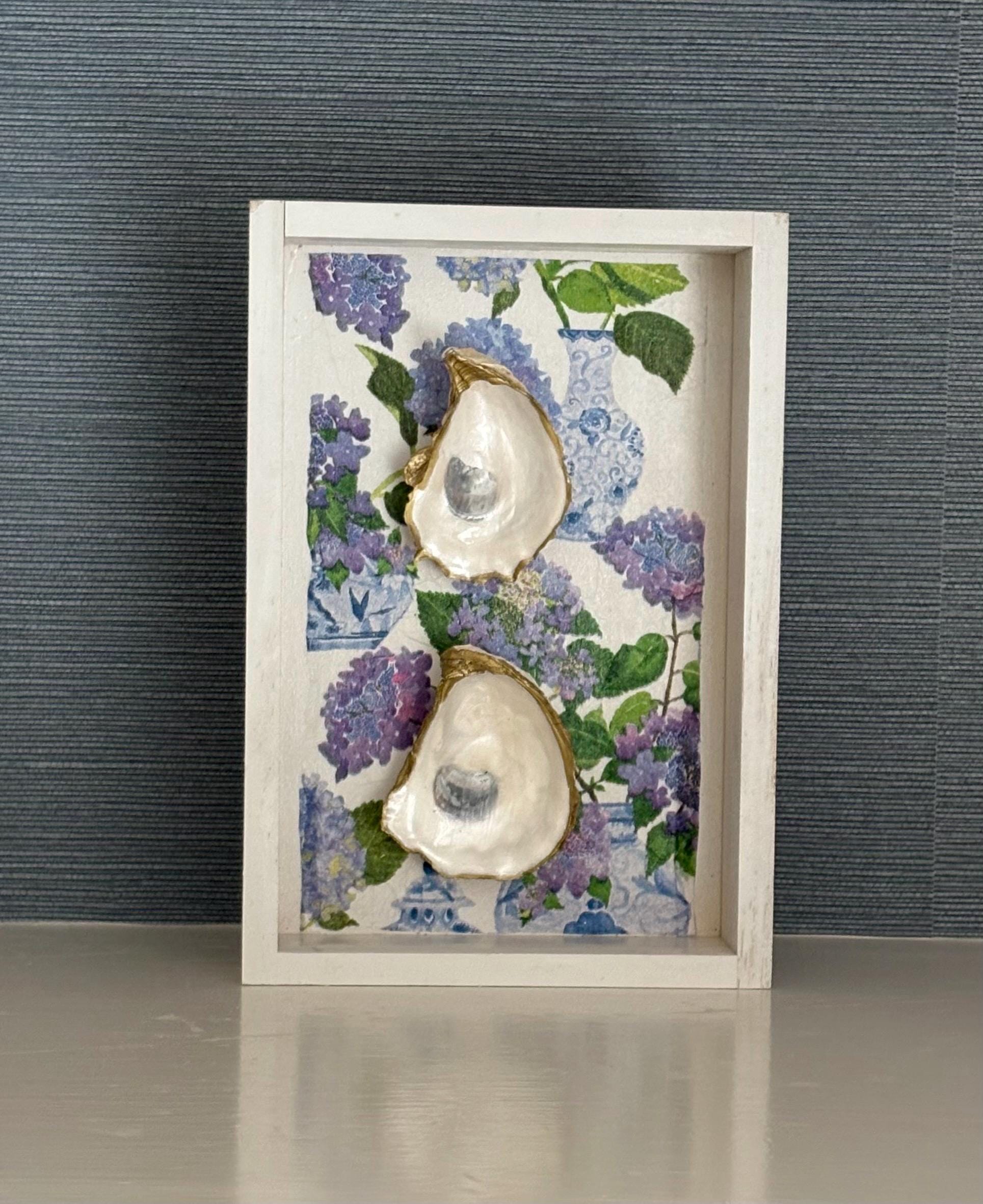 Hand-painted Oyster Shell Shadow Box | Chinoiserie Hydrangea Coastal ...