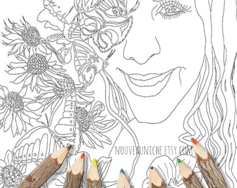 Adult Coloring Page Sheet Printable Decor Goddess Art Butterfly Flower Girl Portrait Pages Therapy