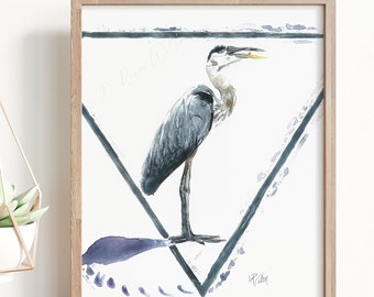 Blue Heron Watercolor Print, Coastal Wetlands Wall Art