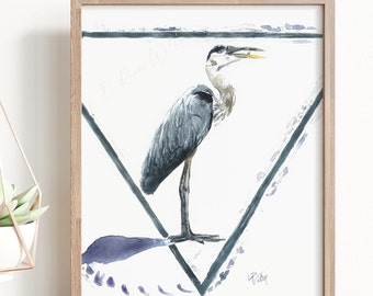 Great Blue Heron Watercolor Print, Contemporary Bird Wall Art, Shorebird Artwork, Unique Coastal Decor