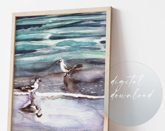 Coastal Artwork Shorebirds Art Print, Last Minute Printable Gift, Florida Watercolor Beachy Room Decor, Ocean Painting Digital Download