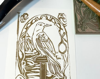 Caladrius Hand Pulled Block Print, Small Gold Ink Edition, Mythical Bird of Healing