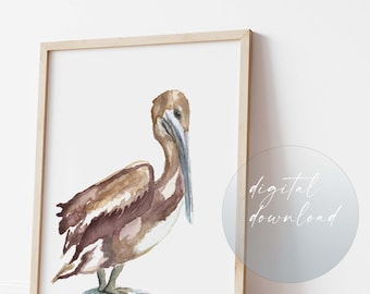 Printable Pelican Painting Watercolor Beachy Prints, Modern Seaside Decor, Coastal Bird Wall Art