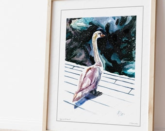 Paris Swan Painting Watercolor Print, Seine River Parisian Wall Art, Signed Limited Edition