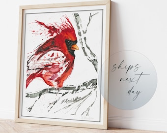 Cardinal Print, Red Bird Watercolor Wall Art