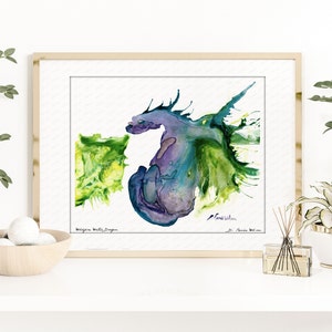 Watercolor Dragon Painting, Abstract Wall Art Prints, Mythical Creatures Decor