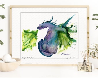 Watercolor Dragon Painting, Wall Art Prints, Mythical Creatures Decor