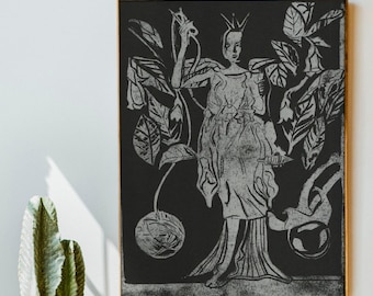 Belladonna Hand Pulled Linocut Print,Greek Mythology Wall Art, Poisonous Plants Lino Limited Edition