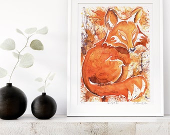 Red Fox Wall Art Print, Watercolor Woodland Creatures Den Decor, Artwork for Modern Cabin, Meaningful Gifts