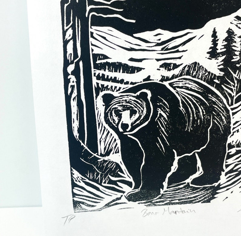 Black Bear Mountain Linocut Print, Appalachian Animals Handmade Prints, Outdoorsy Wall Art, Modern Cabin Decor image 8