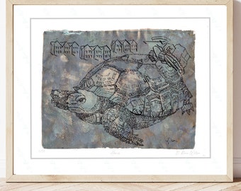 Gopher Tortoise Wall Art, Florida Wildlife Artwork Print Limited Edition, Monoprint Turtle Mixed Media Giclee, Environmental Gifts