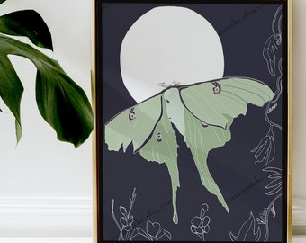 Luna Moth Print Download, Whimsigoth Printables, Full Moon Digital Art