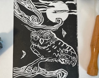 Twin Peaks Owl Linocut, Original Art Test Linoleum Print, Owls are not what they seem, Weird Bird Art Weirdcore Decor