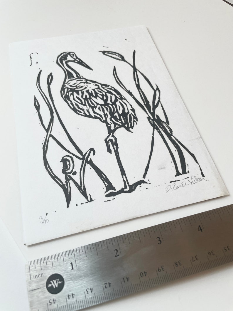 Linoleum Print Sandhill Crane Cattails Original Florida Wildlife Lino prints, Crane wall art 5x7, Birder Gift image 5