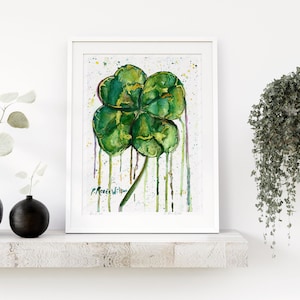 Four Leaf Clover Watercolor Art Print, Lucky Bedroom Decor, Green Wall Art