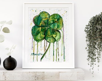 Watercolor Four Leaf Clover Art Print, Lucky Girl Bedroom Decor, Irish Gifts