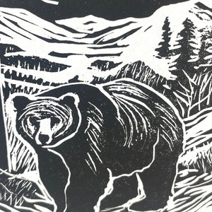 Black Bear Mountain Linocut Print, Appalachian Animals Handmade Prints, Outdoorsy Wall Art, Modern Cabin Decor image 2