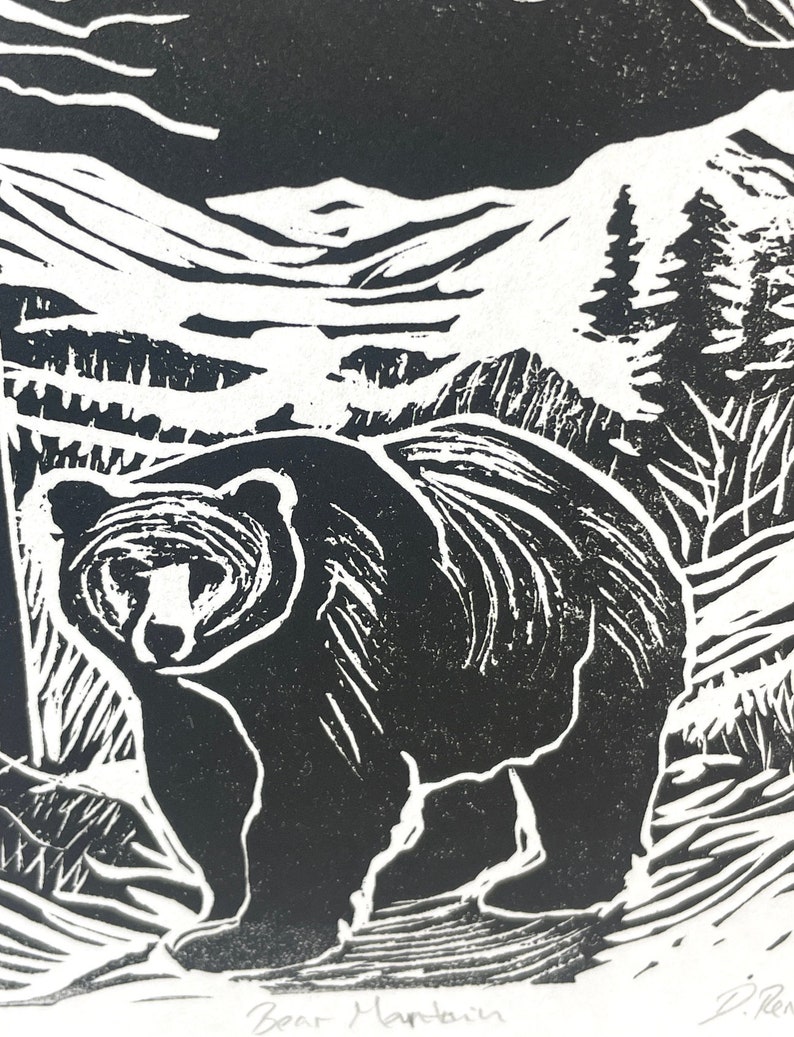 Black Bear Mountain Linocut Print, Appalachian Animals Handmade Prints, Outdoorsy Wall Art, Modern Cabin Decor image 2