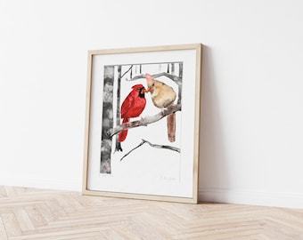 Northern Cardinal Couple Watercolor Painting Print Male and Female Red Bird Pair, Birder Gift, Meaningful Artwork Home Decor