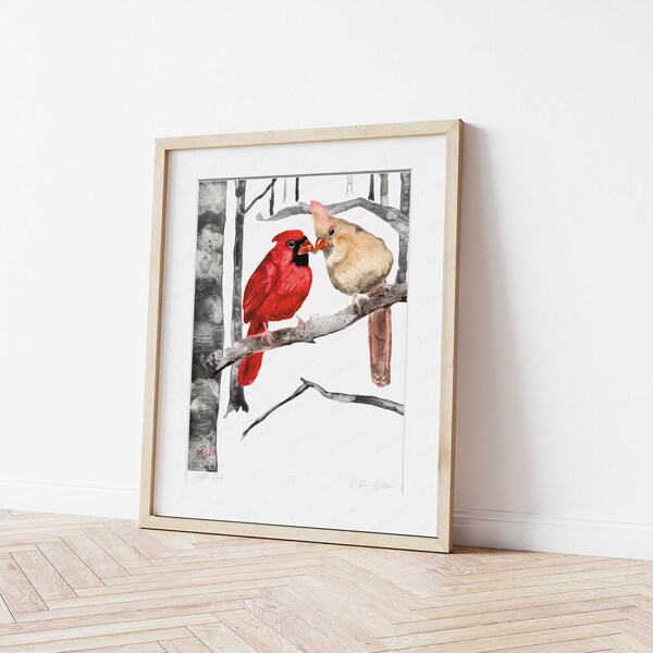 Couple de cardinal du Nord, impression de peinture à l'aquarelle, paire d'oiseaux rouges mâles et femelles, cadeau ornithologie, oeuvre d'art significative pour la maison